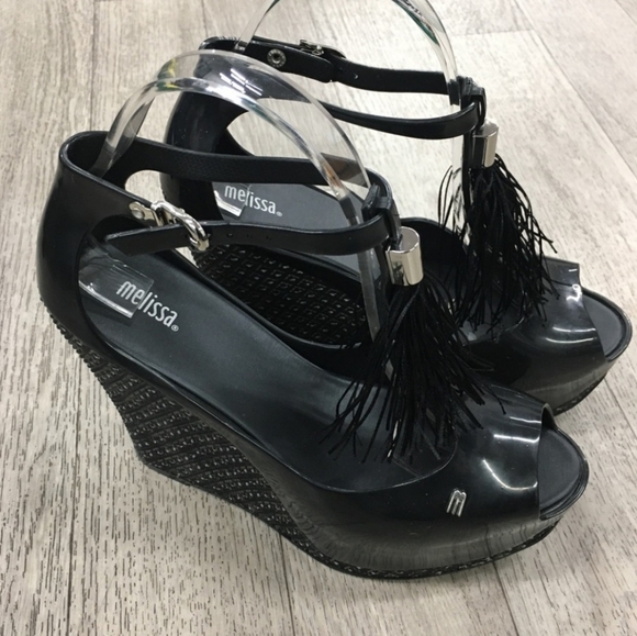 Melissa Peace Peep Toe Platform Wedge Black Patent Sandal New - Picture 4 of 5